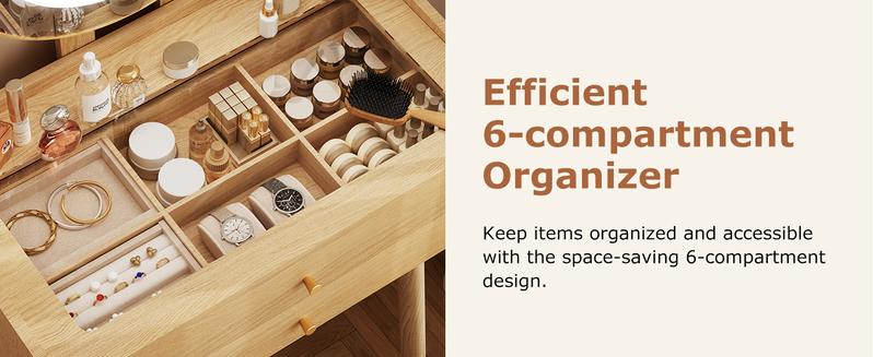 Small Wood Vanity Desk with Mirror & Lights Space-Saving Makeup Table with Drawers Adjustable Brightness Elegant Functional Vanity for Narrow Spaces