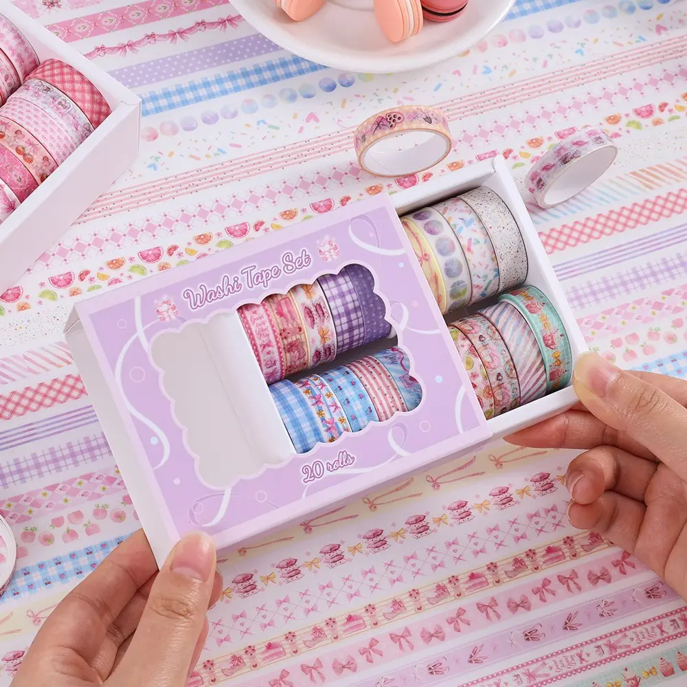 20 Rolls Colorful Washi Tape Set Cute Macaroon Color Cherry & Dessert Themes Strong Adhesion, Easy to Tear for Women, Students, Scrapbooking, Journaling, DIY Crafts, Bullet Journal, Scrapbook Accessories
