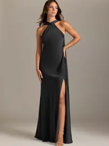 Azazie Kinsley Mermaid Halter Ruched Leg-Slit Wedding Guest Evening Satin Dress