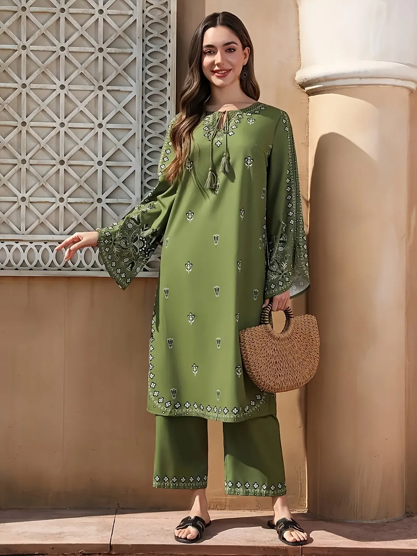 2pcs Ethnic Print Salwar Suit, Ethnic Wear, Bohemian Boho Chic Ramadan Fashion, Muslimah, Flared Cuffs & Hem, Lightweight, Non-See-Through, Ideal for Outdoor Events