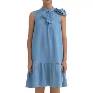 EZAPINE Denim Dress for Women Summer Sleeveless Mock Neck Ruffle Hem Babydoll Jean Dress with Bow