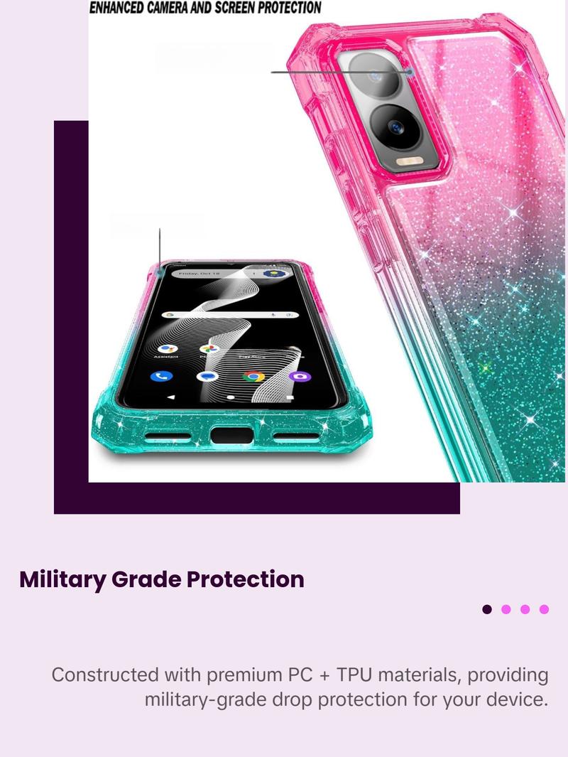 Cricket Debut S3 Case (U572AC), AT&T Vista 2 (2024 U572AA) with [Built-in Screen Protector], [9FT Military Grade Drop Tested] Full-Body Protective Shockproof Bumper Case (Glitter Pink/Aqua) Flash Cellphone