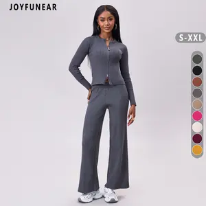 Joyfunear Women's Casual Solid Color Ribbed Knit Zip-Up Cardigan & Wide-Leg Pants Set - Adjustable Fit, Long Sleeves, Loungewear Fabric Fitted
