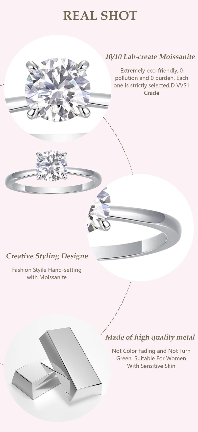 Delzzad S925 1-2ct Round VVS Synthetic Moissanite Solitaire Four-Prong Ring Band Engagement Wedding Ring Daily Costume Jewelry Accessories Anniversary Valentine's Day Gifts for Her Women Girls