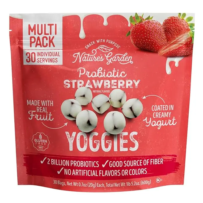 Chewy Sweet Fruity Probiotic Strawberry Yoggie Bites, 21oz (30x0.7oz) Convenient Snack Pack, High Fiber, Real Fruit Pieces, No Artificial Flavors/Colors, Better-For-You Chewy Fruit Snack for Kids & Adults