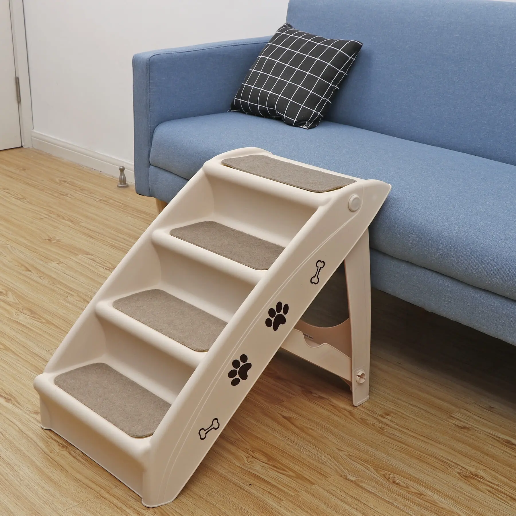 Pet Republic Plastic 3/4-Step Non-Slip Pet Stairs for Small Dogs - Foldable, Indoor, Safety Rails, Paws-Friendly Washable Beige Carpet, Easy Climbing, Anti-Slip Pads, Easy Storage, 23.8" L x 15.5" W x 19.3" H, 100lbs Safe Home Access, Easy To Store