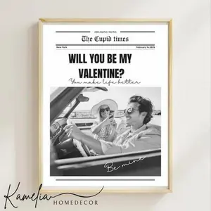 Valentines Day Cupid Poster Unframed, Custom Newspaper Poster Gift For Her Girlfriend Wife, Editable Valentine Poster Love Story, Will You Be My Valentine Romantic Gift Decor Print, Unframed