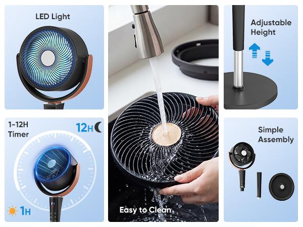 Bedroom Pedestal Fan, Quiet 20dB DC Air Circulator, 15 Speeds 5 Modes, 120° Oscillation, 12H Timer, 1050CFM Airflow, 37-45" Adjustable Height, LED Light, Standing Fan with Remote, Black