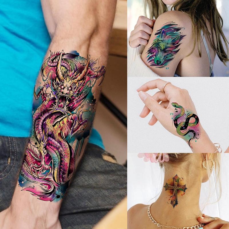 65/66 Sheets Watercolor Temporary Tattoos For Men Women Forearm Shoulder Legs Body Arm, 12 Sheets Long Lasting Lion Tiger Wolf Dragon Ealge Fake Tattoo Sleeve Adults, 53/54 Sheets Small Tatoos Kids