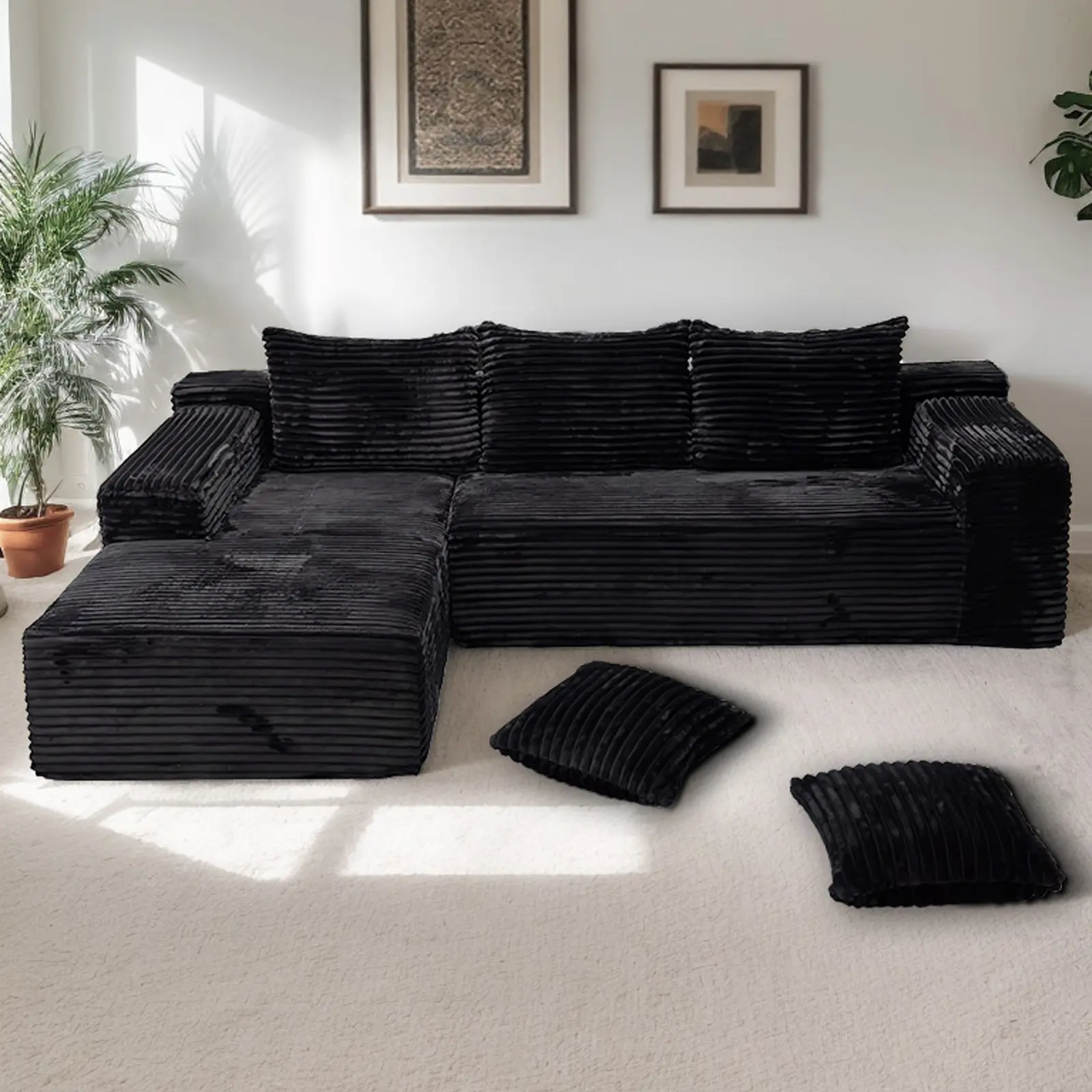 【2 Packages Shipping】106" L-Shaped Boneless Sectional Cloud Couch Corduroy Velvet Modular with Chaise No Assembly Required Sofa Living room furniture