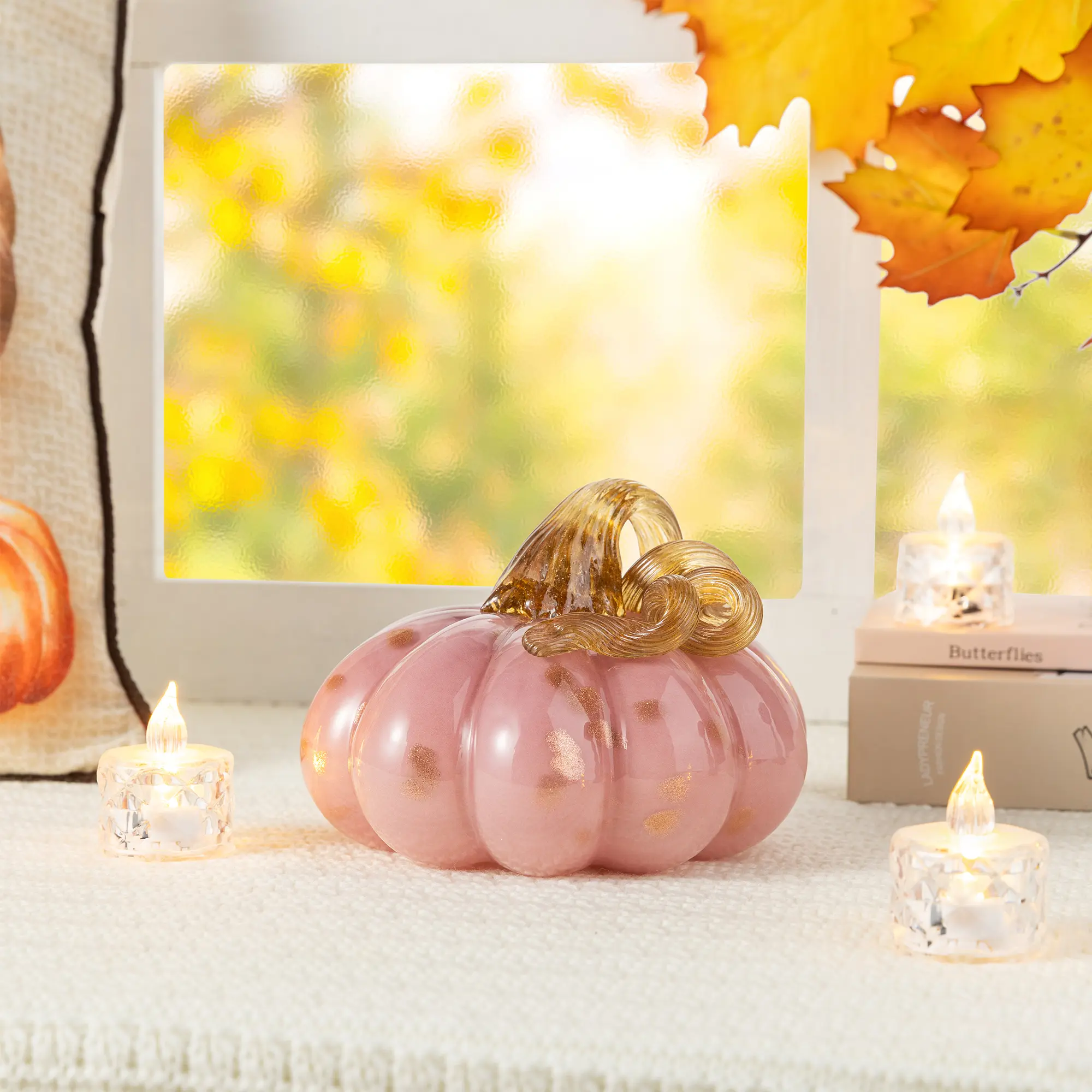 Glitzhome Pink Glass Large Pumpkin Decor, 5.75"D x 4.75"H Ornaments for Festive Room Decor
