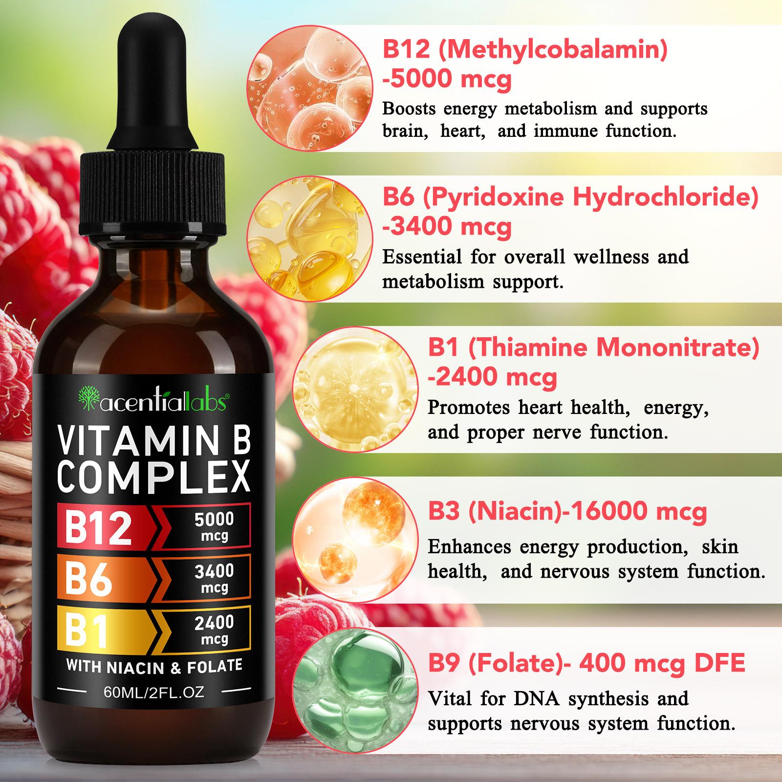 [3-Pack]  Vitamin B12 and B6 Drops, Sublingual Vitamin B12 Complex - Vitamin B12 5000mcg - Vitamin B12 Methylcobalamin, supports energy, brain, and heart health, raspberry flavor, suitable for both men and women, Made in the USA, 6 fl oz. Supplement