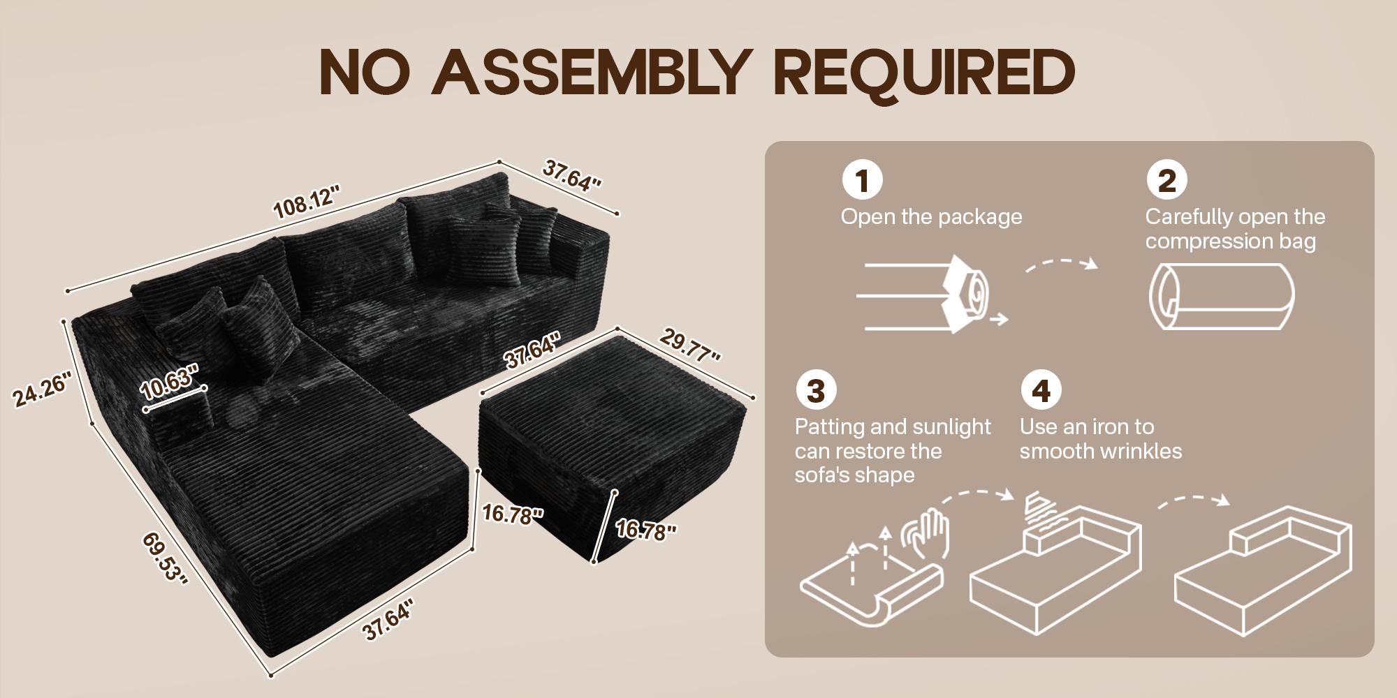 Modern 108" Boneless Couch Cloud Modular Sectional Sofa With Removable Ottomans & Chaise - Plush Corduroy , Deep Seat, Upholstered Couches, No Assembly Required for Living Room