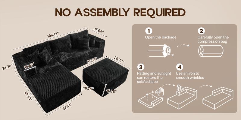 Modern 108" Boneless Couch Cloud Modular Sectional Sofa With Removable Ottomans & Chaise - Plush Corduroy , Deep Seat, Upholstered Couches, No Assembly Required for Living Room