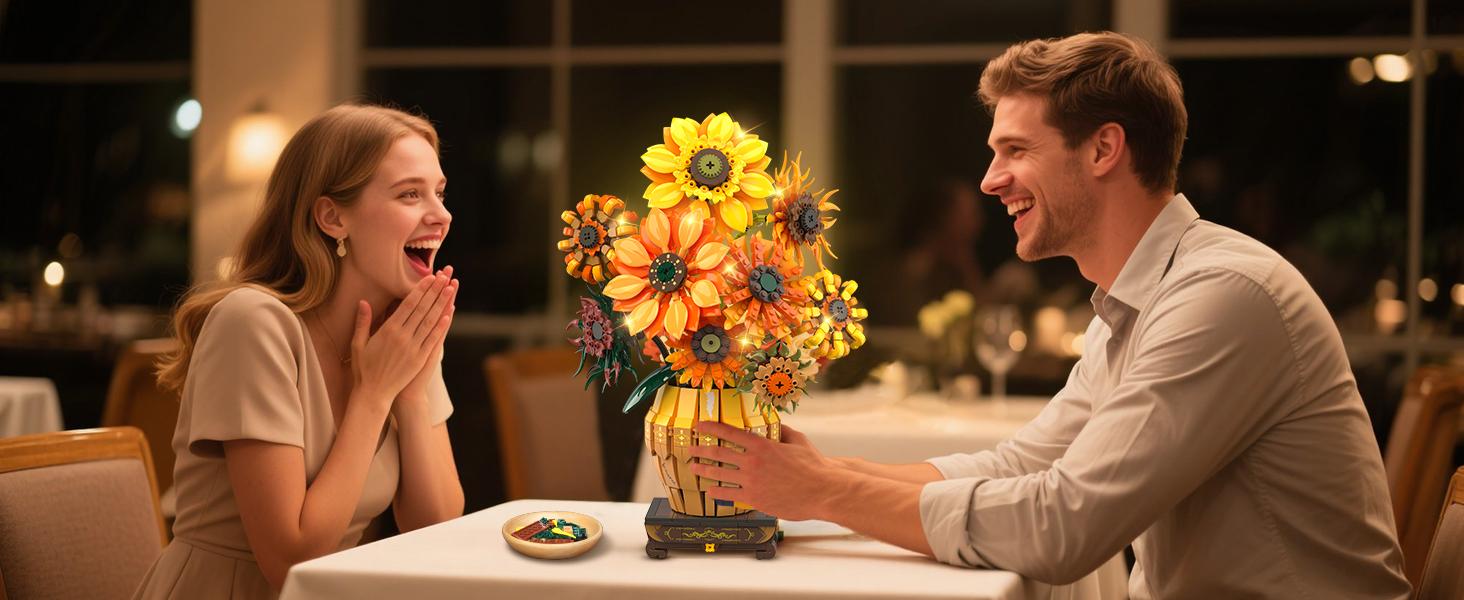 Sunflower Building Set with Lights Vase Base, Flowers Botanical Collection Building Block Home Decor, 1180PCS Art Flower Bouquet Bonsai Plant Building Kit Gift for Adults Teens Girls Boys 12+