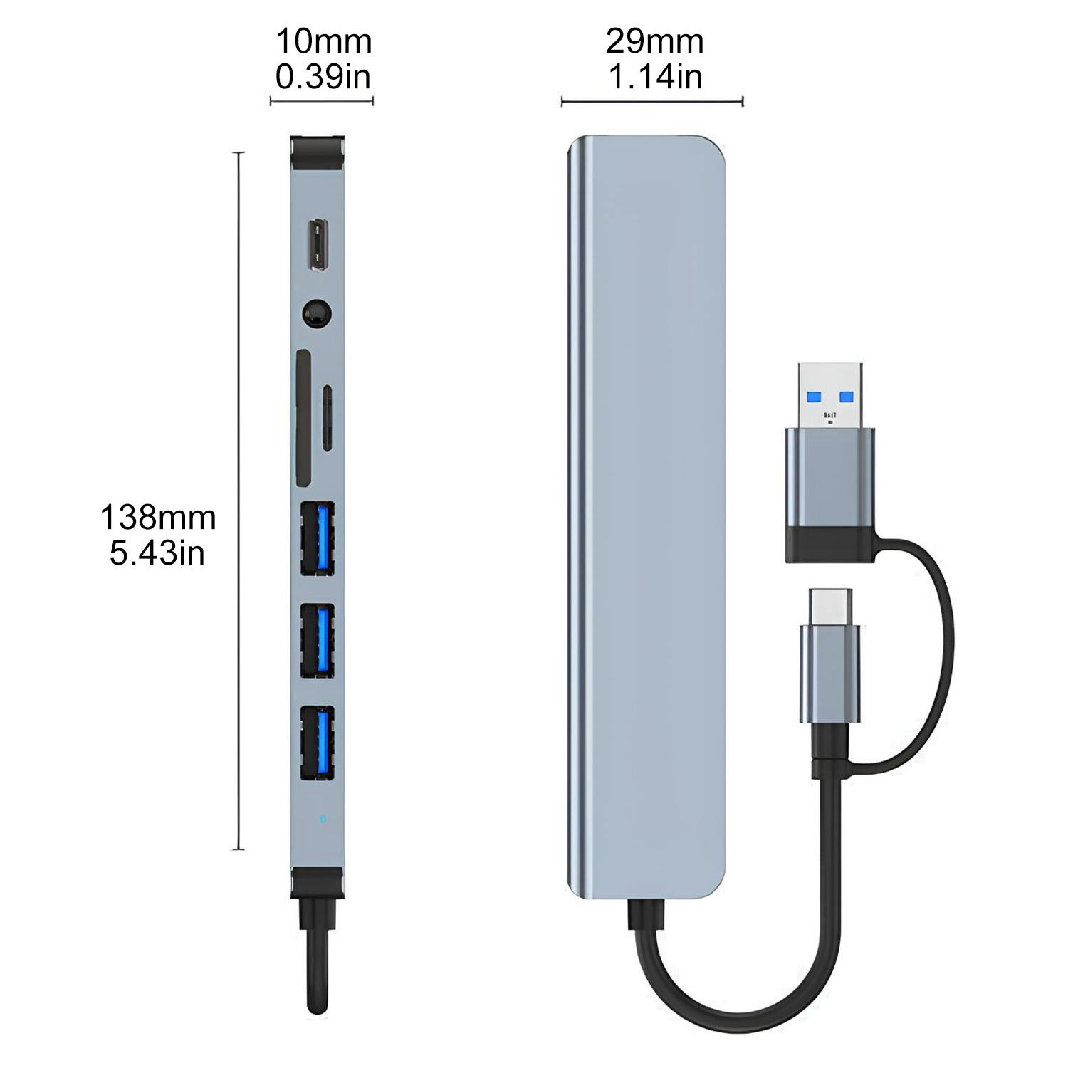 USB C Hub USB Hub 3.0, Aluminum 8 in 1 USB Extender with SD/TF Card Reader, 3.5mm Aux Headphone Jack for MacBook Pro Air and More PC/Laptop/Tablet Devices