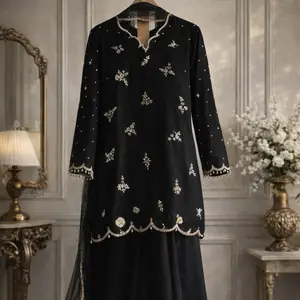 Black Fairy Silk 3-Piece Set, full sleeves, Eid & Party Outfit