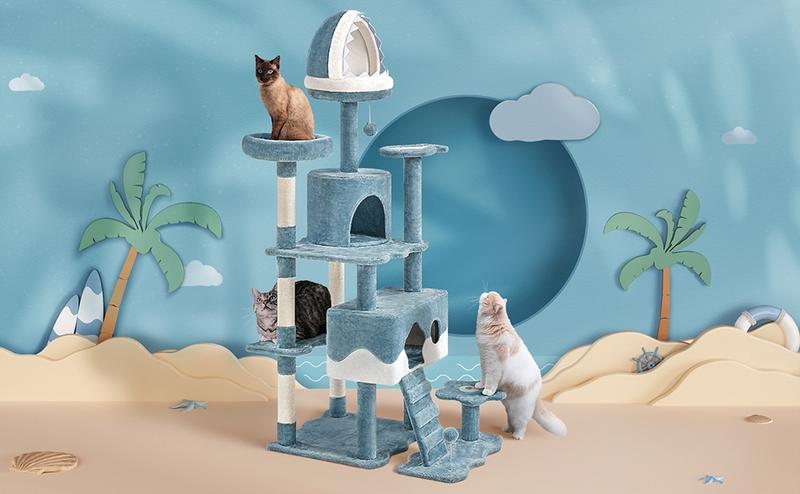 Yaheetech Cat Tree, 72.5″ Height Ocean-themed Cat Tower for Indoor Cats, Multi-Level Large Cat Tower for 3-4 Medium/Large Cats, 2 Condos & 2 Perches & Scratching Posts & Toys, Blue & White