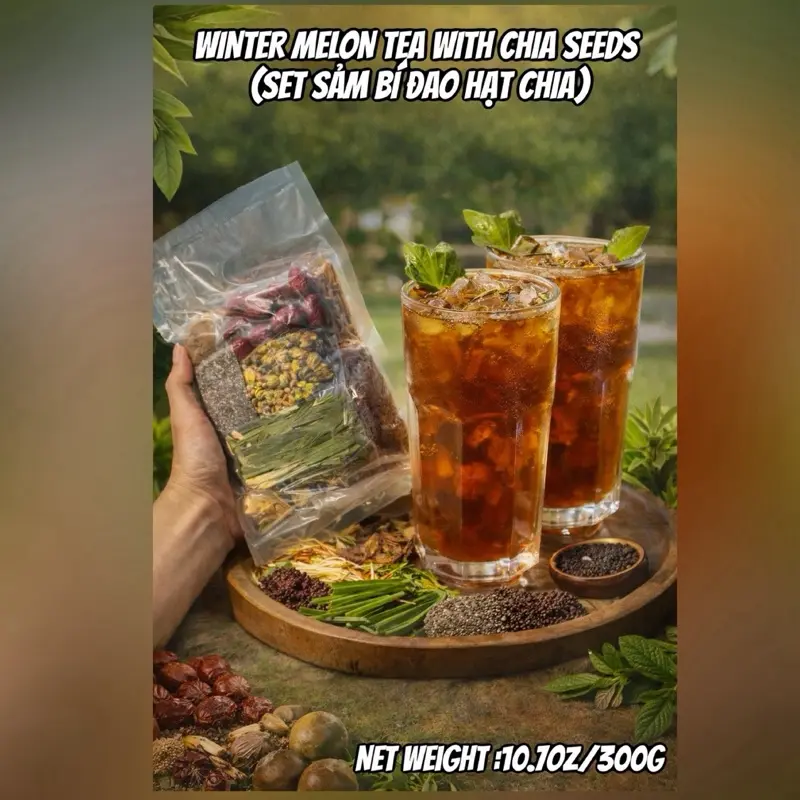 Winter Melon Tea with Chia Seeds All Ingredients Ready for Preparing Drink 300g - Set Sâm Bí Đao Hạt Chia 300g Beverage Colagen