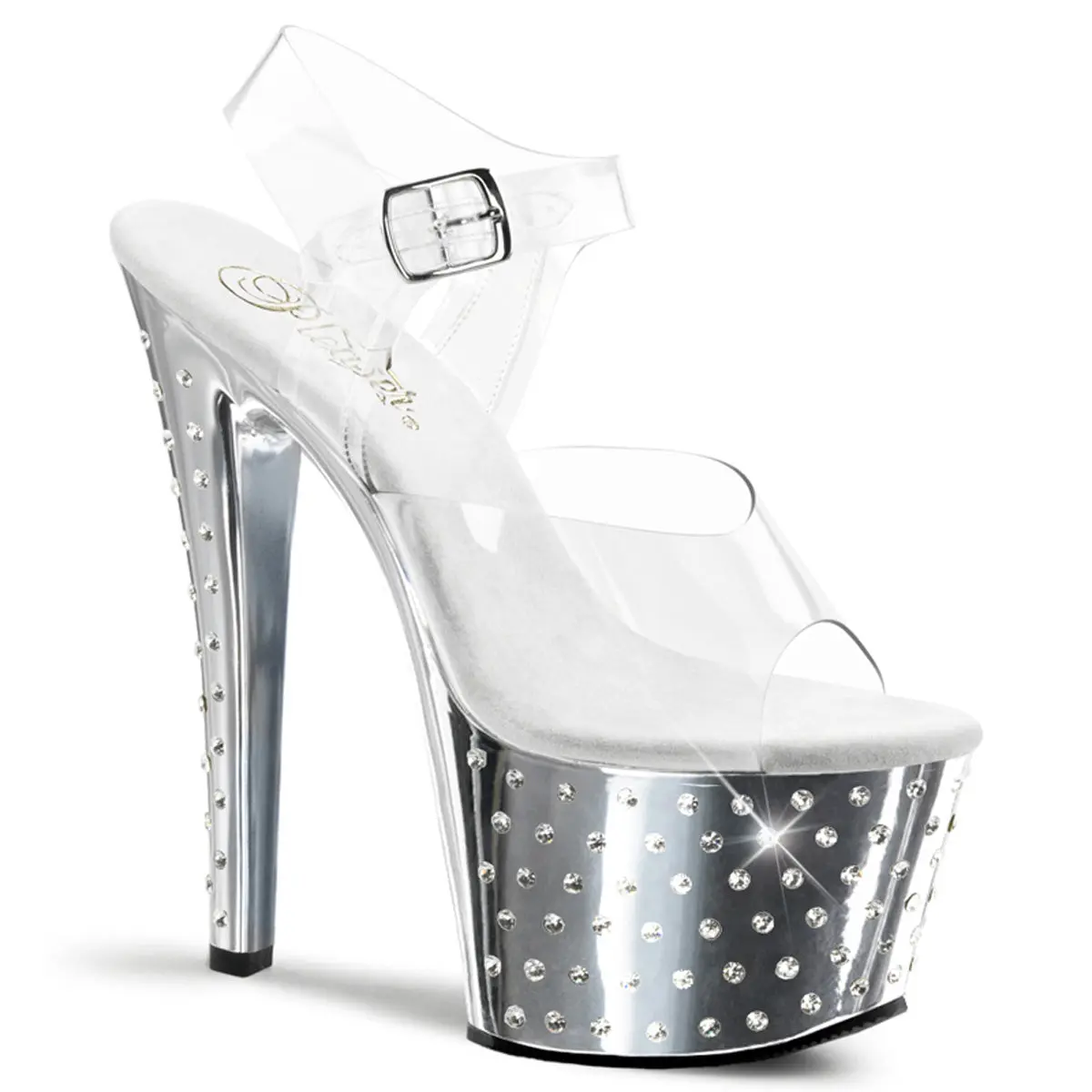 Women's Stardust-708 Platform High Heels, Rhinestone Embellished Ankle Strap Sandals with 7 Inch Heel and Chrome Sole