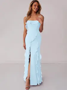 Azazie Barbie 1001 Sheath Straight-Neck Bow Ruffle Bridesmaid Wedding Guest Formal Dress