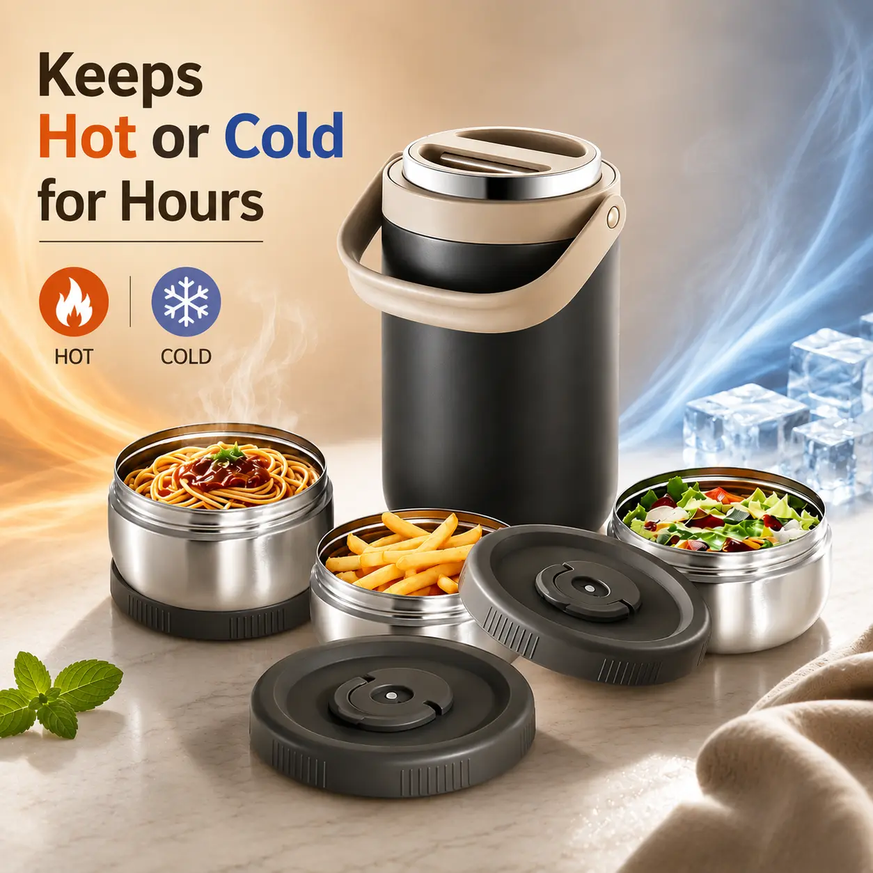 3-Layer Insulated Stainless Steel Lunch Box & Vacuum Storage Container Set, Leak-Proof, Portable Meal Prep Set with Cutlery, Hot-Cold Retention, Long-Lasting Freshness, Compact Steel Lunch Boxes