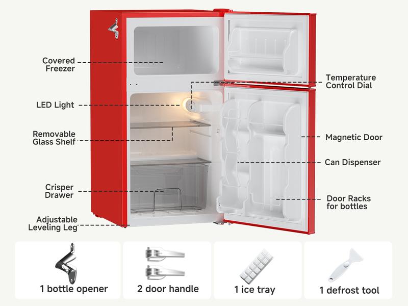BANGSON 3.2 Cu.Ft Retro Double-Door Mini Fridge with Top Freezer, Adjustable Thermostat, Energy-Efficient & Quiet, Compact & Easy to Clean, for Office/Apartment/Dorm, Red, Black, Cream White