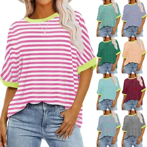 LAICIGO Womens Summer Cozy Casual Loose Fit Oversized Striped T-Shirt Fashion Color Block Half Sleeve Crew Neck Tee Tops