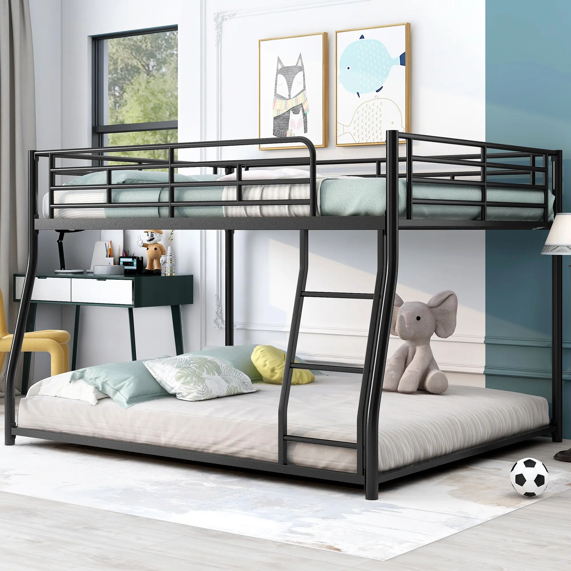 Dreamzon Modern Metal Floor Bunk Bed - Full XL over Queen, Black Steel Frame, Incline Ladder, Sloping Stairs, Assembly Required, 54'' x 80'' / 60'' x 80'', 82.4''L, 62.4''W, 53.7''H