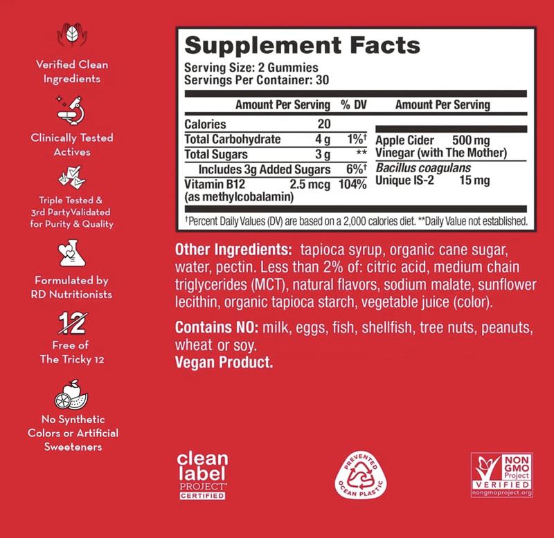 HUM Pro ACV Gummies - 100% Organic Apple Cider Vinegar with the Mother, Probiotics for Digestive Health & B12 for Metabolism Support (60 Count)