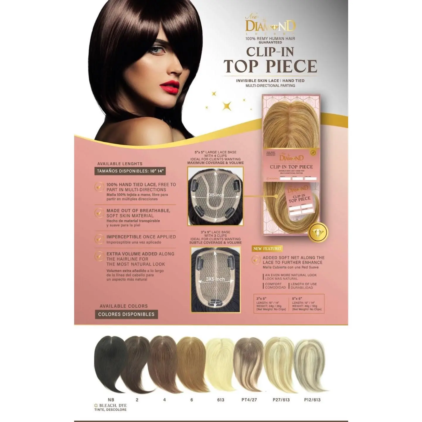 Diamond Luxury Clip in Closure Top Piece 5"X 5" Lace Base 10" -14”