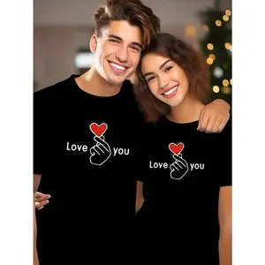 Love You Gesture Print Top 100% Cotton Couple Style Round Neck, Casual Elegant Black Short Sleeve T-Shirt, Valentine's Day Streetwear