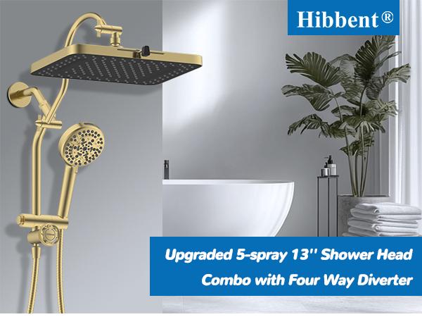 Hibbent cUPC Certified 13'' Shower Head Combo, High Pressure 5 Spray Rainfall Showerhead, 10 Spray Handheld, All Metal Easy Reach 4-way Diverter Arm with Pause Mode, 71'' Hose and Holder, Brushed Gold