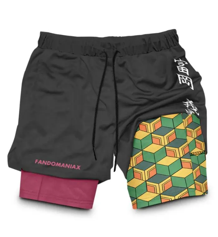 Men's Giyu Anime Character Print Activewear Shorts - Athletic Cut, Casual Athleisure, Above Knee, Double Layer Summer Beach & Fitness Training Bottoms, Athletic Cut Shorts, Casual Athleisure Shorts