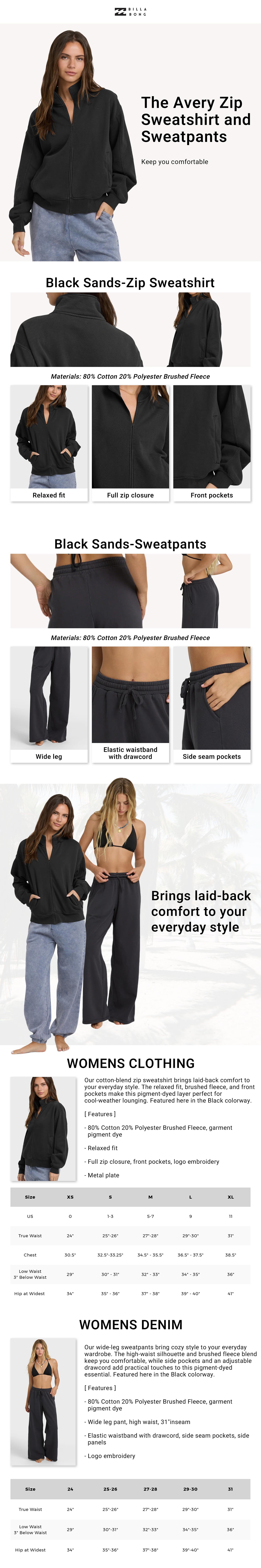 BILLABONG The Avery Zip Sweatshirt and Sweatpants,80% Cotton,Full zip closure,Relaxed fit[Two Options, Set Available] Long Sleeve