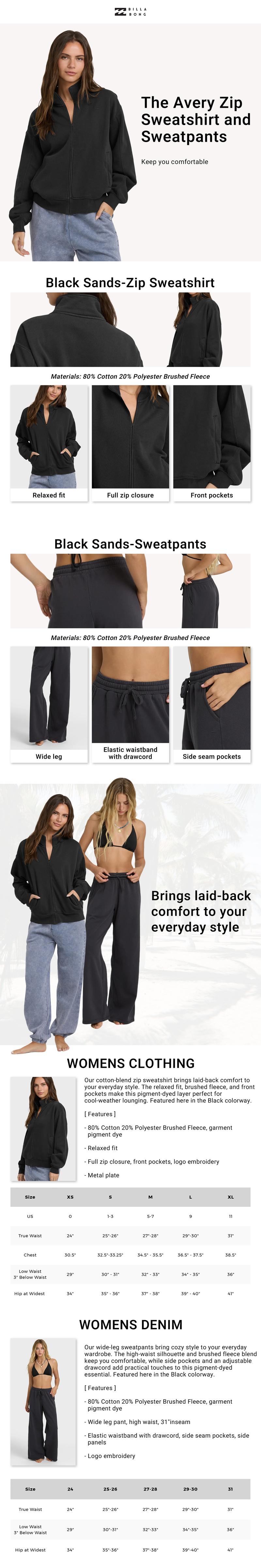 BILLABONG The Avery Zip Sweatshirt and Sweatpants,80% Cotton,Full zip closure,Relaxed fit[Two Options, Set Available]