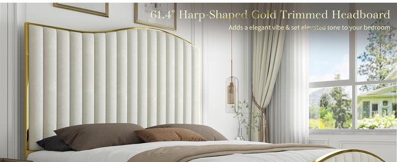 AMERLIFE Bed Frame with Golden Plating Trim, Velvet Upholstered Bed with Vertical Channel Headboard Footboard, No Box Spring Needed/Christmas Gift