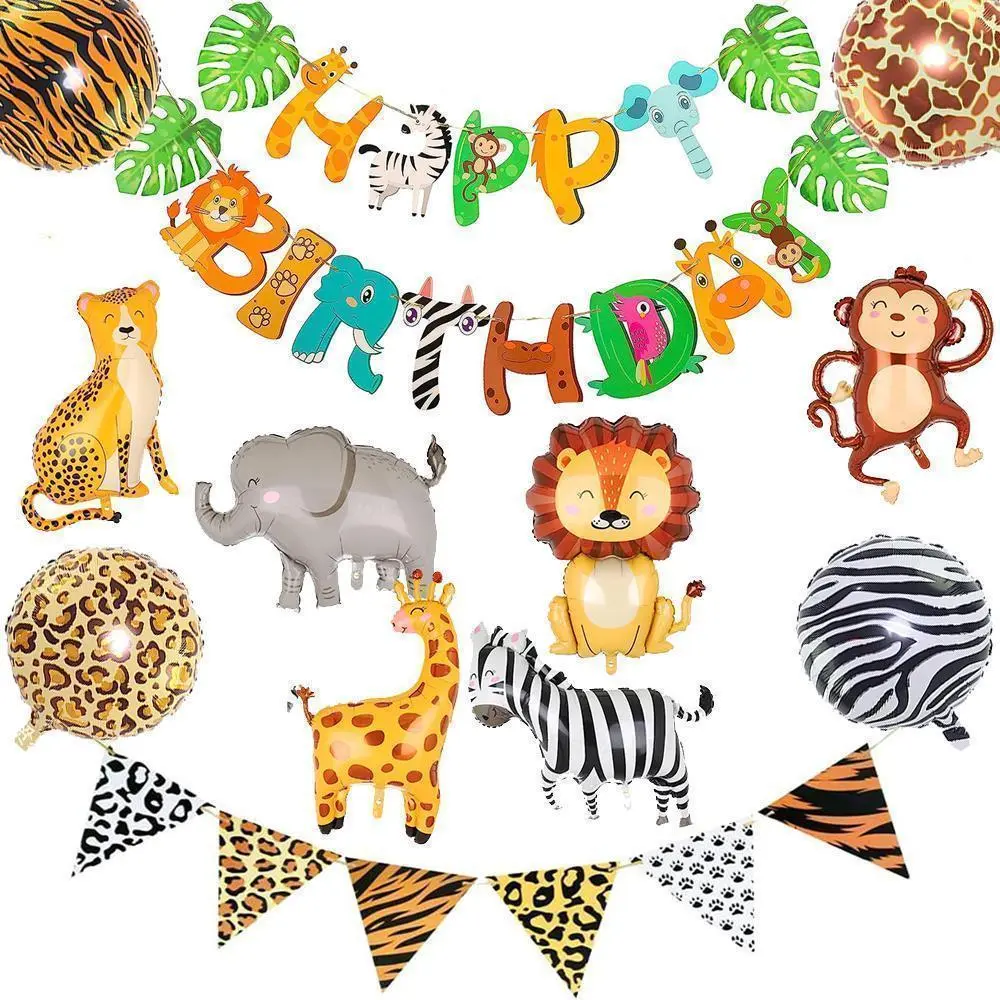 Kids' Safari Animal Party Decoration Supplies Kit - Happy Birthday Banner, Pennant, Foil Animal Balloons for Jungle Zoo Theme, as picture shown