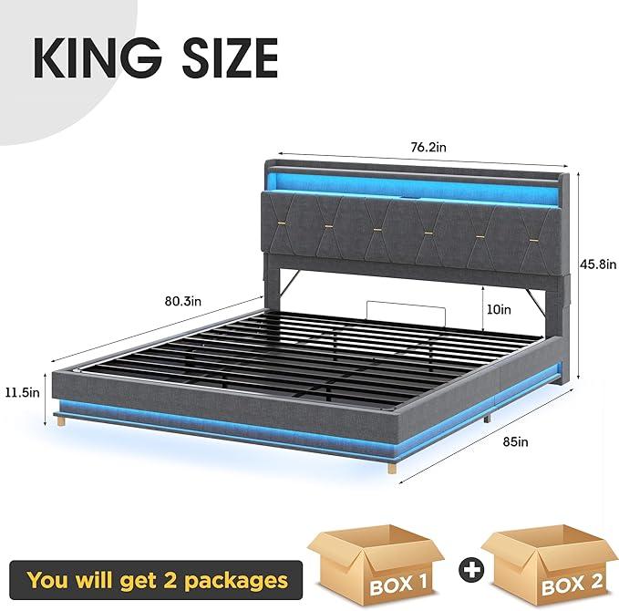 Vabches Lift Up Storage Bed Frame, Storage Headboard with Charging Station, LED Lights Upholstered Platform Bed, No Box Spring Needed, Noise-Free