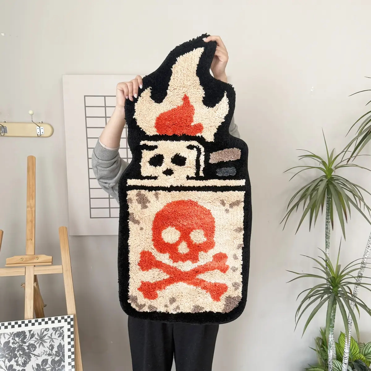 Skull & Crossbones Lighter Tufted Rug, Retro Flame Design Plush Carpet, Non-Slip Irregular Floor Mat for Man Cave, Gothic Home Decor, Perfect for Punk & Rock Enthusiasts