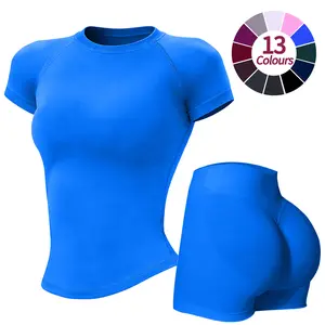 RICH BRIA 2 Piece Impact Workout Sets for Women, Short Sleeve T Shirt Tank Top & Workout Impact Shorts Butt Lifting Gym Seamless Booty Sports Shorts, Breathable Comfortable Yoga Clothes, Active Outfit