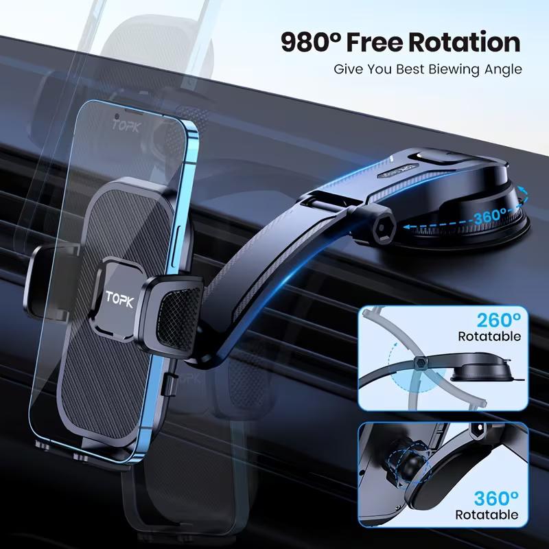 Car Mount Holder | Adjustable Cell Phone Holder for Car Dashboard, Enhanced Design, Works with All Phones in Horizontal & Vertical Mode
