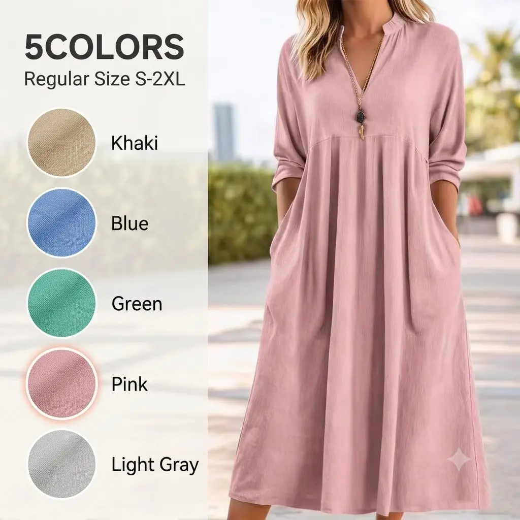 Women's Casual V Neck 3/4 Sleeve Shift Dress Relaxed Fit Plain Tunic Dress Comer Knee Length Dress with Pockets