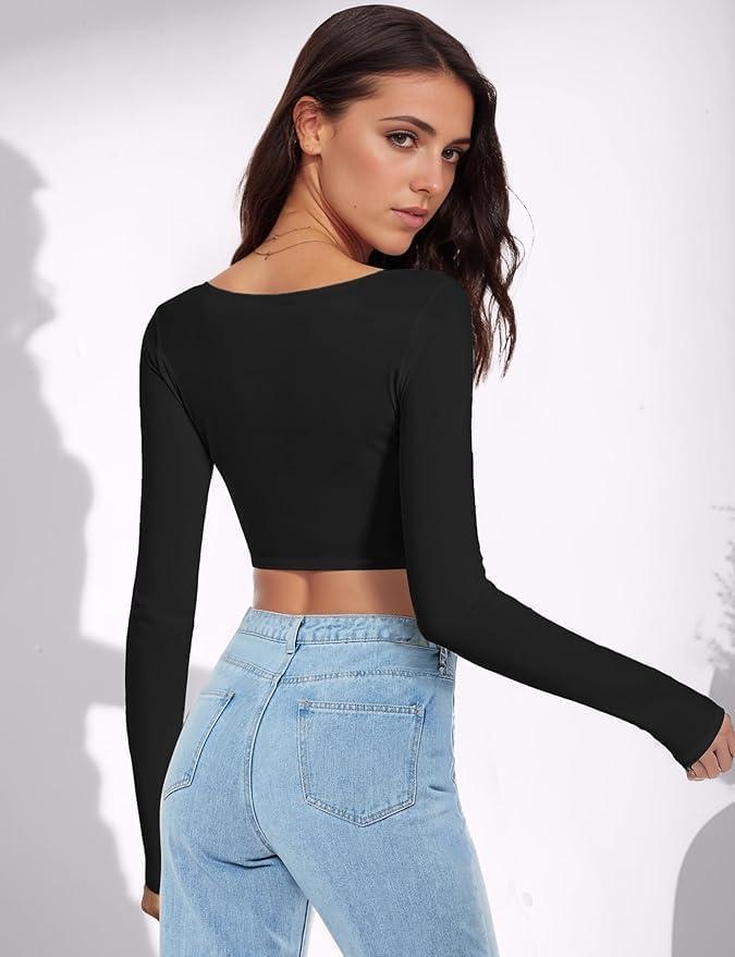 Women's Square Neck Long Sleeve Crop Top Y2K Shirt Sexy