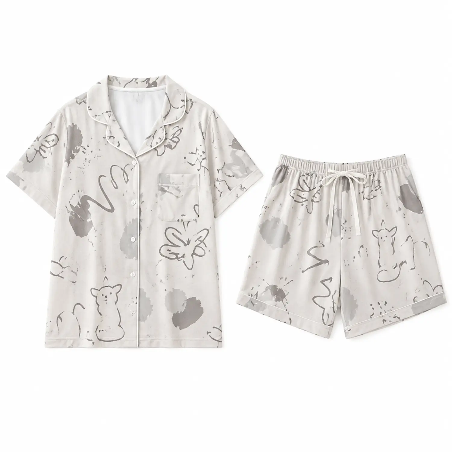 Short Sleeve Button Front Pajama Set with Collared Shirt and Drawstring Shorts, Cute Animal and Butterfly Print Sleepwear for Relaxed Nights