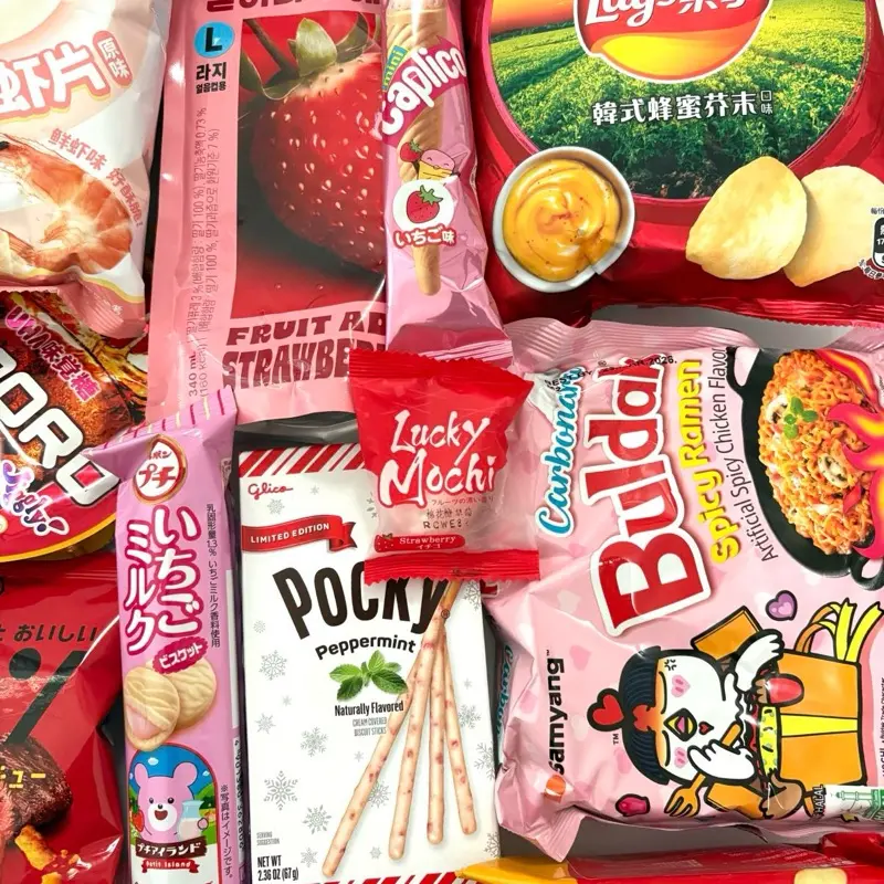 Deluxe Pink Theme Asian Snack Box Includes 2 Drinks 2 Ramen Sweet Asian Snacks Box Gift Large Size 45-50 Pcs Variety of Treats