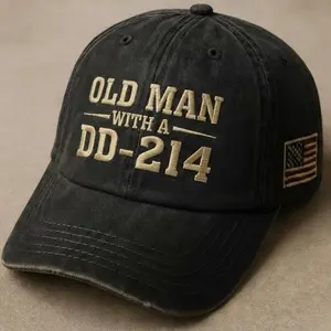 Old Man With A DD-214 Embroidered Hat, Veteran Humor Dad Cap, Military Service Pride Baseball Cap, Patriotic USA Flag Adjustable Hat, Gift For Veteran Dad Grandpa Men Women