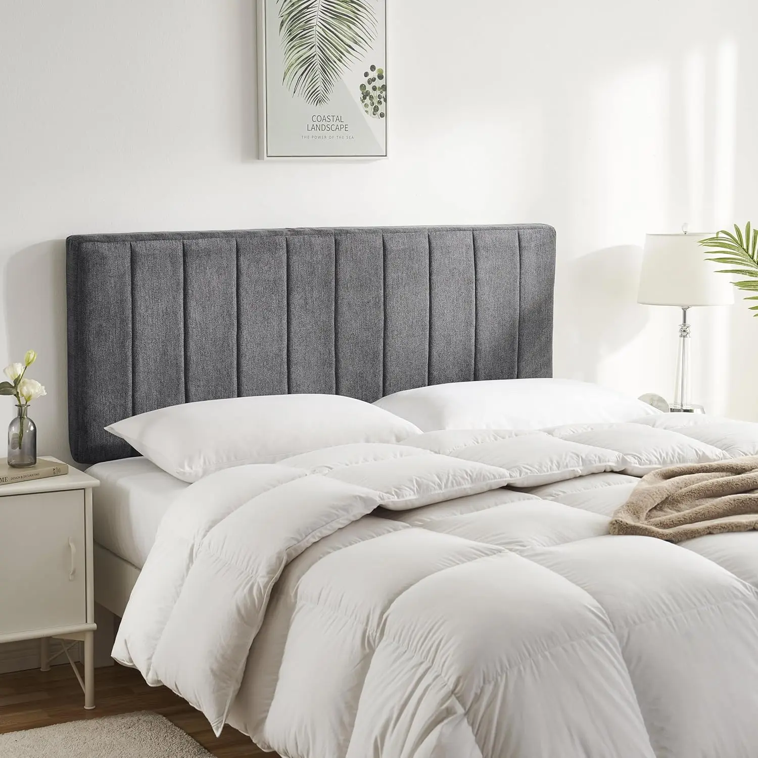 NESTL Wall Mounted Upholstered Headboard - Furniture, King Size, Easy Install, Fabric Exterior, Channel Stitched, Soundproof 3D Panels, Peel & Stick, Modern Room Decor