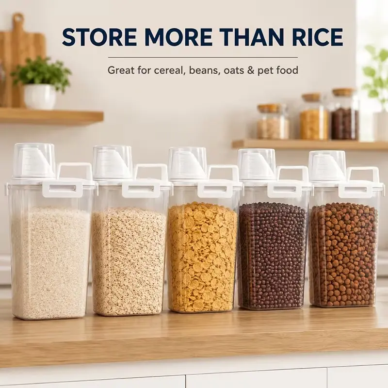 Airtight Food Storage Container Set with Measuring Cup Lid,  Multi-Purpose Storage Jars for Rice, Grains, Pet Food & Craft Supplies, Dual Sizes 84.54oz And 101.44oz, Available in 2/4/6 PacksAirtight Food Storage Container Set with Measuring Cup Lid