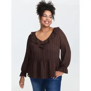 【Summer Turn-Up】【Neck-Lengthening】BlOOMCHIC Plus Size Textured Chiffon Ruffled Neckline Blouse [M-6X] 2026 Summer Pick for Mother's Day Swimweek